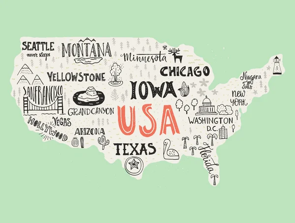 Mappa disegnata a mano di USA — Vettoriale Stock