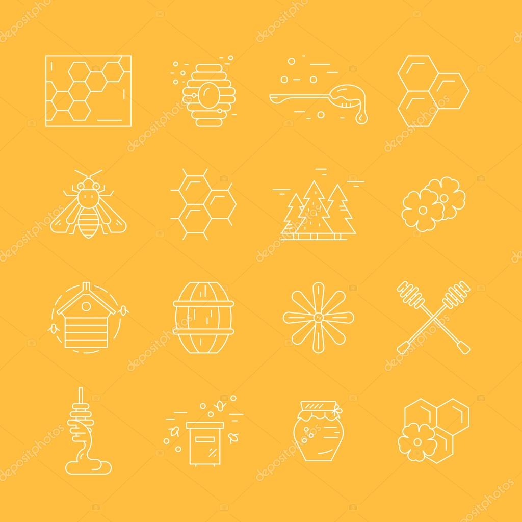 Big collection of thin line icons with honey - honeybee, dipper, wax, propolis, flower and other elements made in vector.