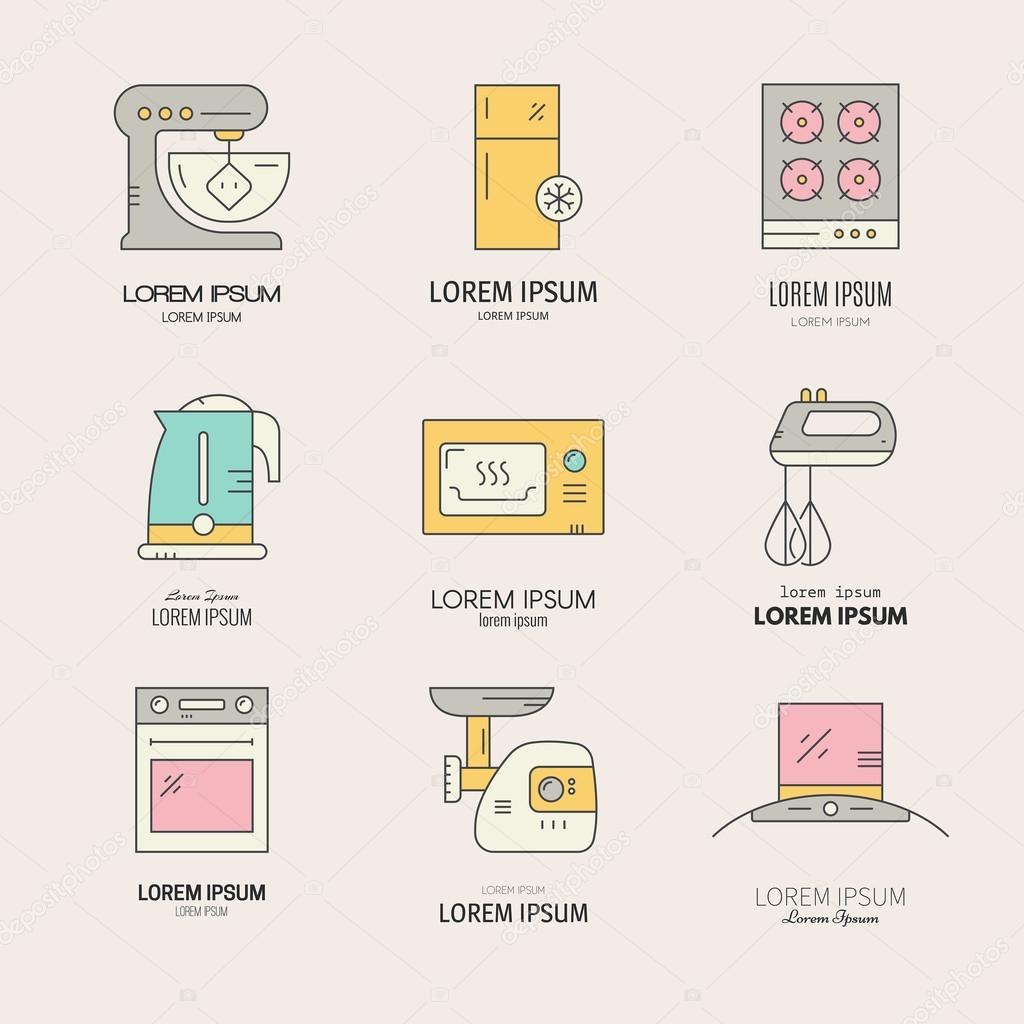 Collection of labels with different house appliances including fridge, mincer, mixer, microwave, teapot. Vector line collection of household symbols.