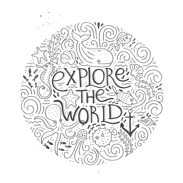 Explorer Monde affiche dessinée à la main — Image vectorielle