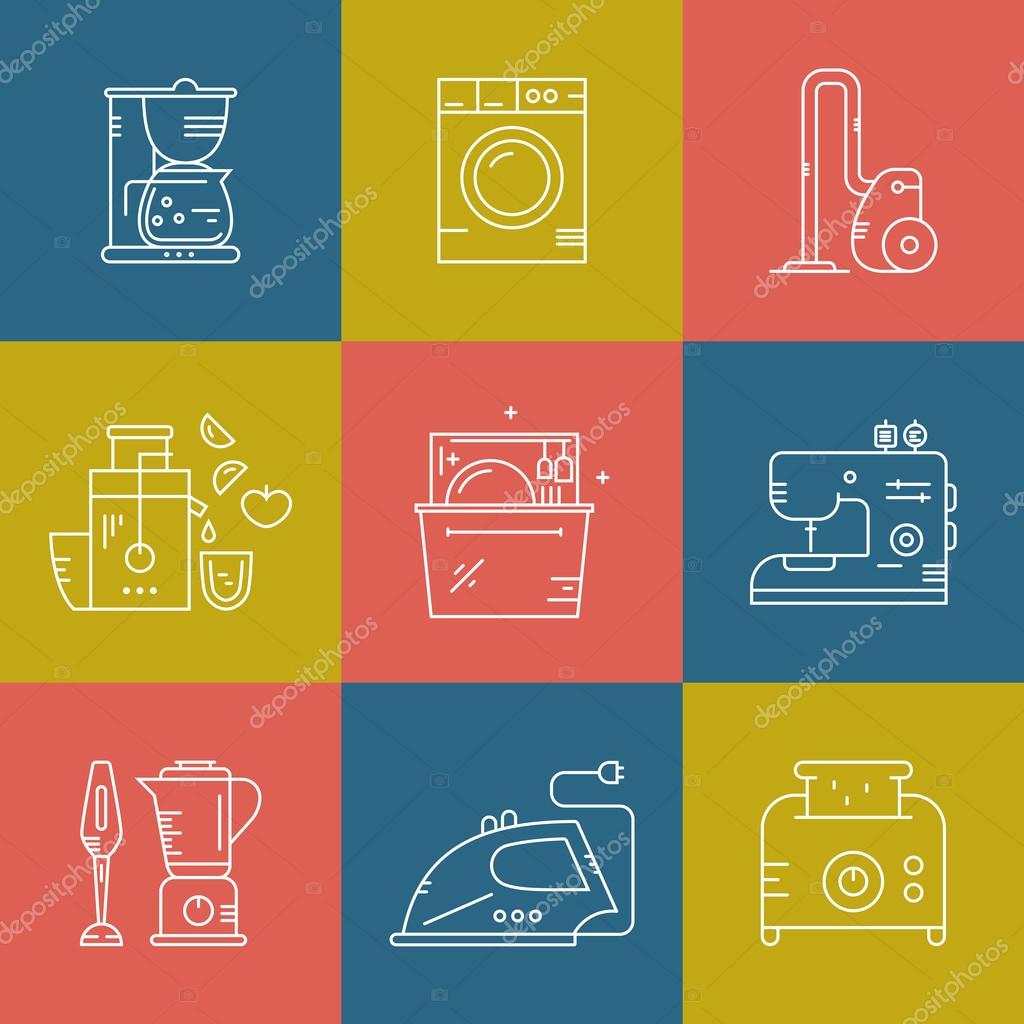 Collection of line icons with kitchen utensils. Modern icon collection. Household equipment for cooking and cleaning. Kitchenware for food preparation goods, Vector line icons