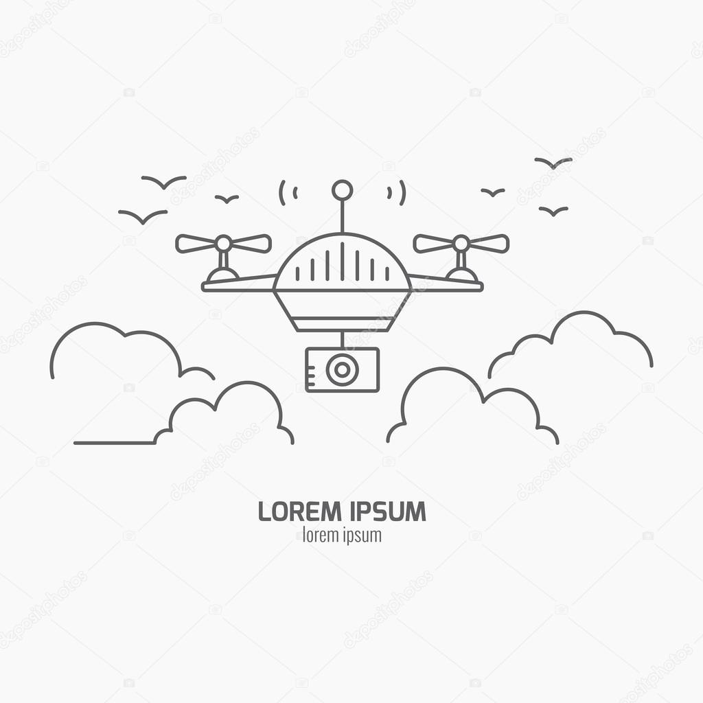 Aerial photography and videography symbol. Drone technology design - vector illustration of a drone in the sky. Modern vector line art collection