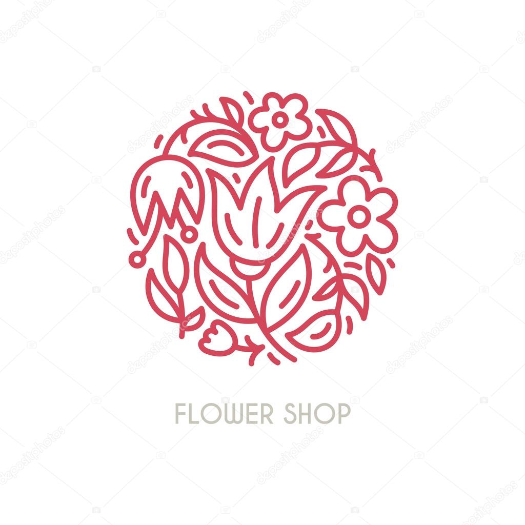 Line style vector logo with beautiful flowers. Perfect logo for flower shop, flower delivery or beauty salon. Branding design element - isolated and easy to use. Organic cosmetic symbol.