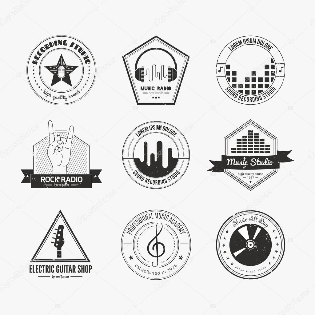 Collection of music logos made in vector. Recording studio labels hipster style. Podcast and radio badges with sample text. Vintage t-shirt design elements with musical elements - guitar, horns. Sound production logotypes.