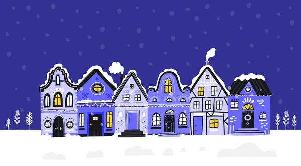 Winter old houses street flat — Stock Vector