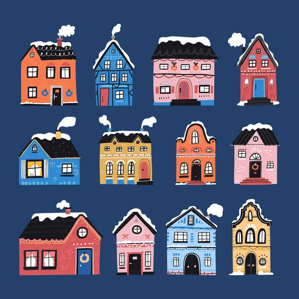 Winter houses and cottages flat — Stock Vector