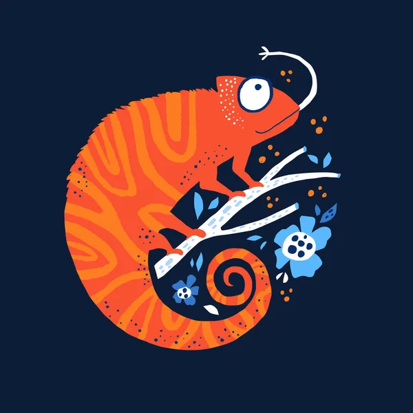 オレンジ色のカメレオン手描きフラット — ストックベクタ