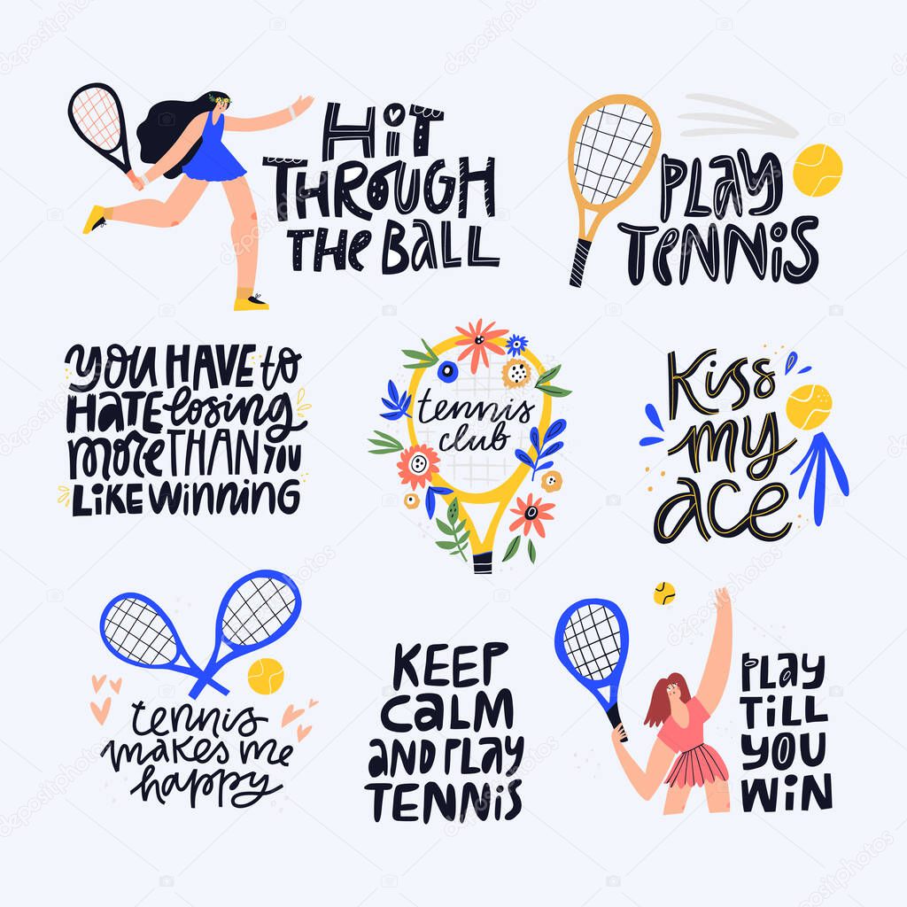 Tennis quotes, positive mottos flat letterings set. Athletes and sport facilities flat illustrations with typography pack. Handwritten credos inscriptions isolated doodle drawings collection