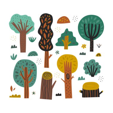 El çizimi orman ağaçları koleksiyonu