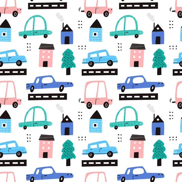 Cute childish cars in city — Stock Vector