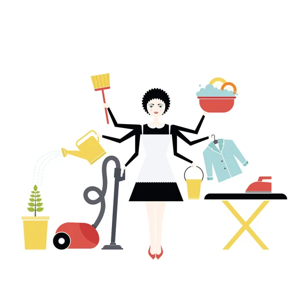 Jeune femme faisant le travail à la maison avec différentes icônes de ménage — Image vectorielle