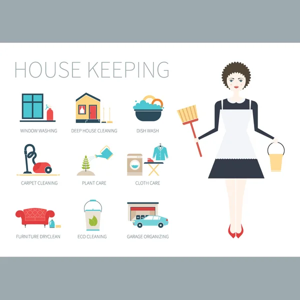Νεαρή γυναίκα που κάνει σπίτι εργασία με διαφορετικές οικοκυρικής εικονίδια — Διανυσματικό Αρχείο