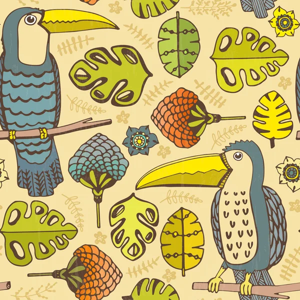 Beautiful hand drawn seamless pattern with tropical birds and flowers — Stock Vector