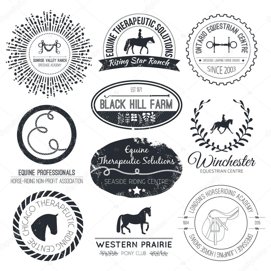 Equine vintage logo. Perfect horse related business symbols with antique texture. Premium quality ranch or equestrian business logotype.