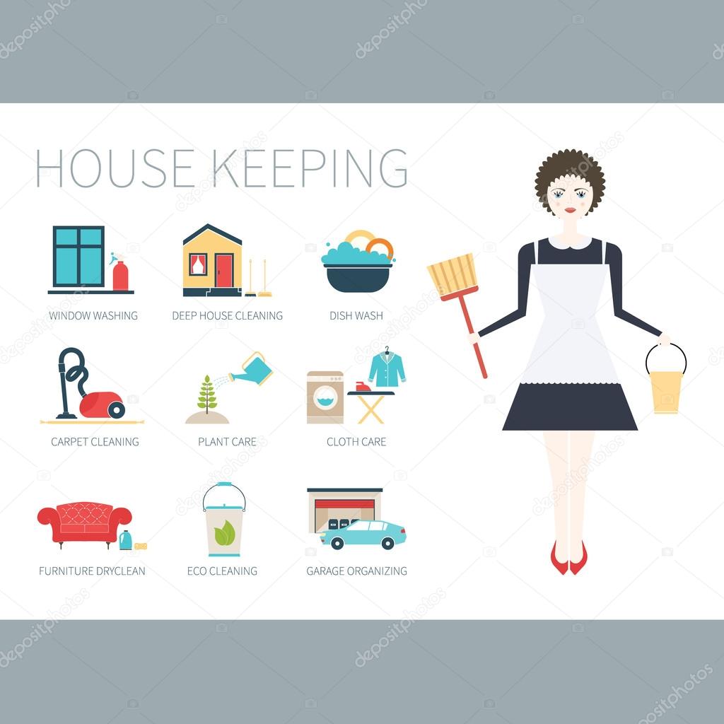 Young woman doing house work with different housekeeping icons