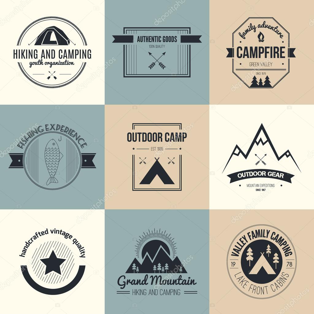Camping and outdoor activity logo collection - mountain gear, hiking, summer camp labels, badges and design elements made in flat vintage vector style.