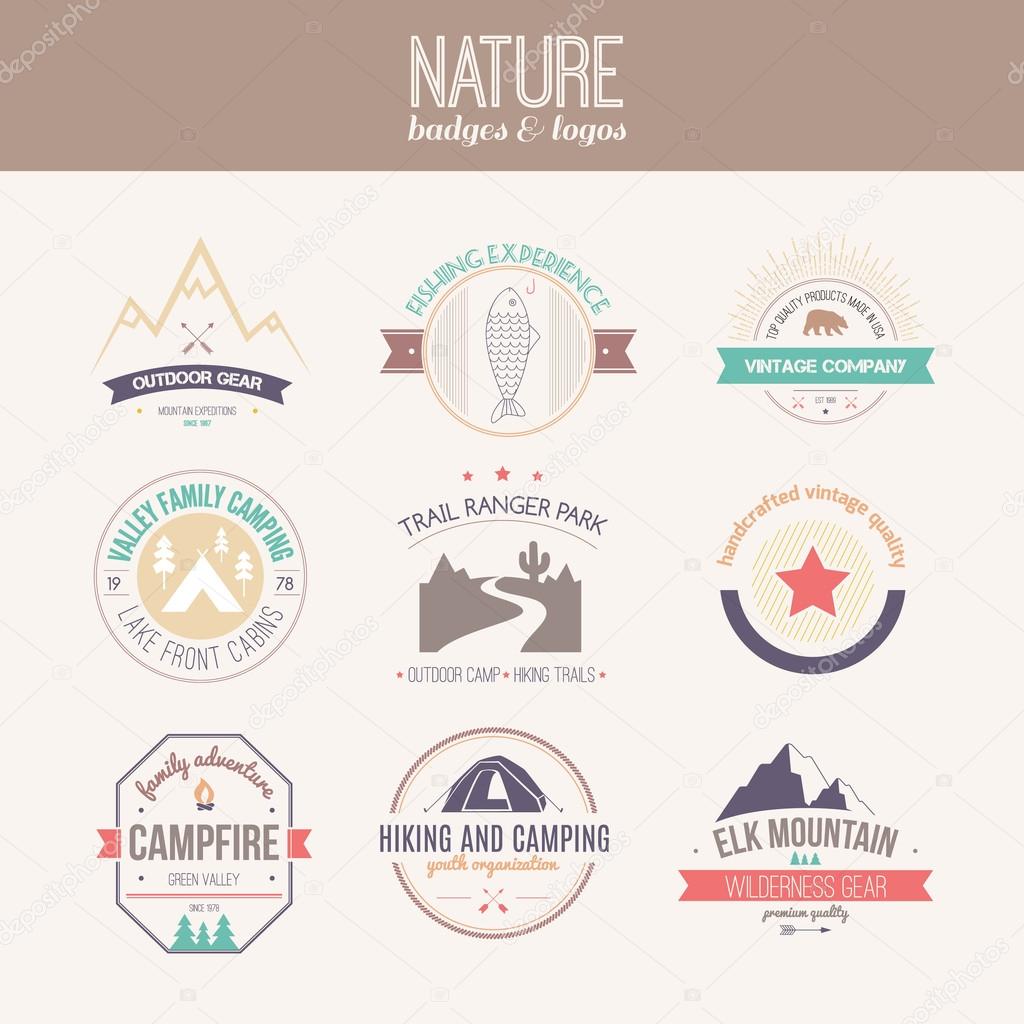 Camping and outdoor activity logo collection - mountain gear, hiking, summer camp labels, badges and design elements made in flat vintage vector style.