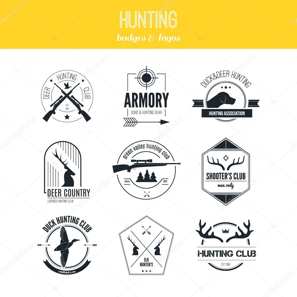 Hunting club label collecton made in vector. Shooting, prey, gun, antler, hunting dog, duck, taret, armore elements and labels design.