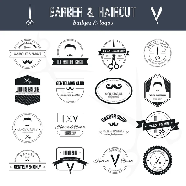 Set di loghi barbiere e taglio di capelli — Vettoriale Stock