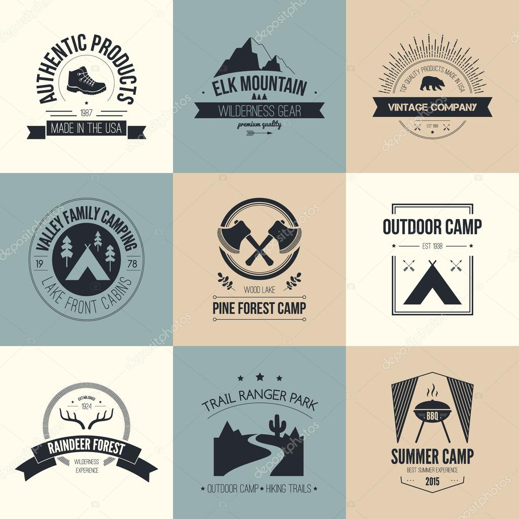 Camping and outdoor activity logo collection - mountain gear, hiking, summer camp labels, badges and design elements made in flat vintage vector style.