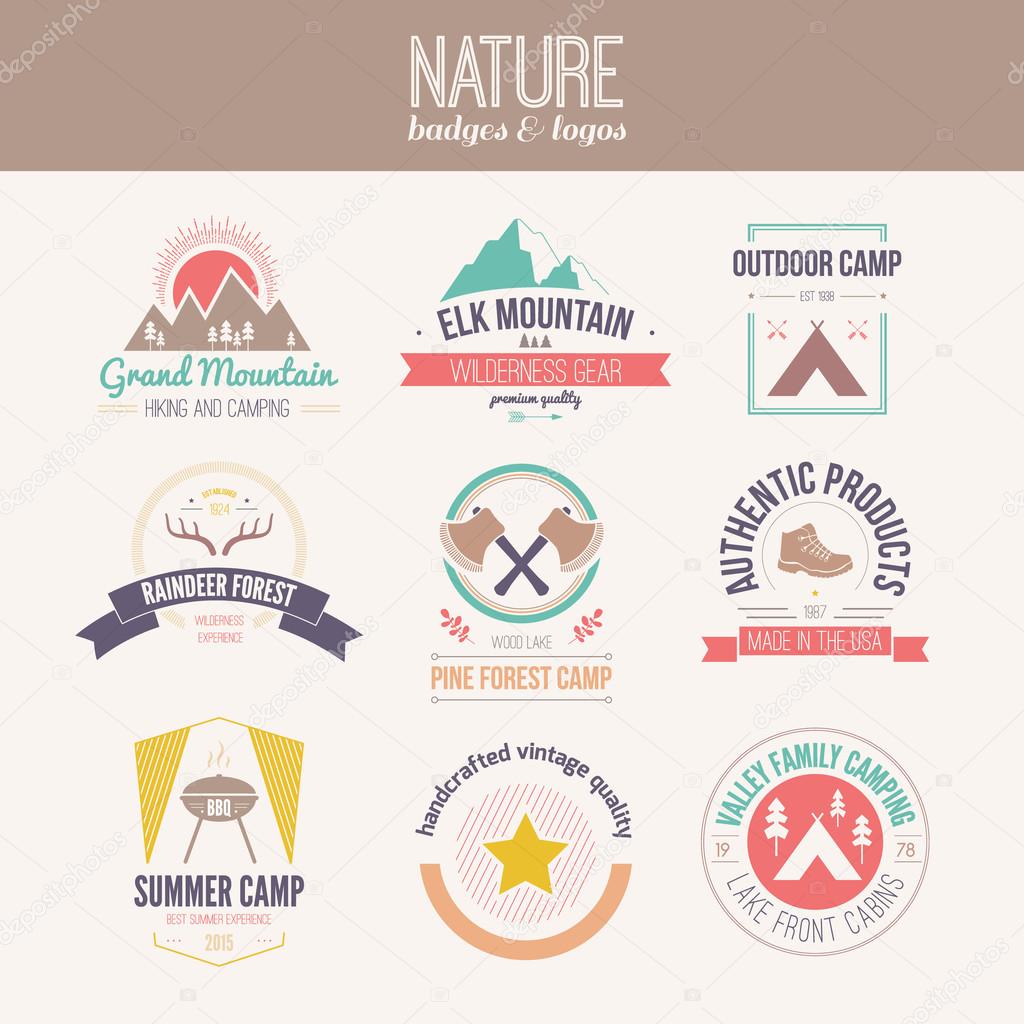 Camping and outdoor activity logo collection - mountain gear, hiking, summer camp labels, badges and design elements made in flat vintage vector style.
