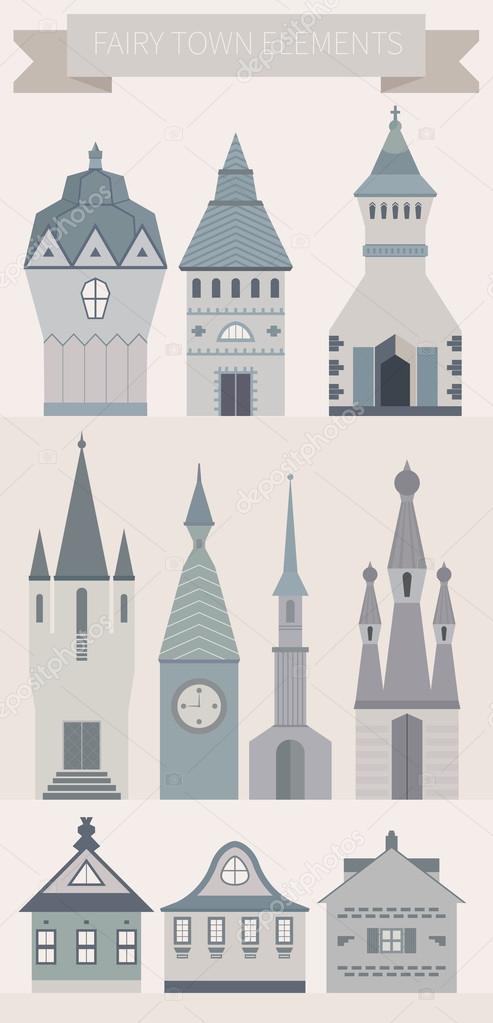 Modern set of beautiful fairytale castles made in different styles. Collection of houses for logo or other types of design.