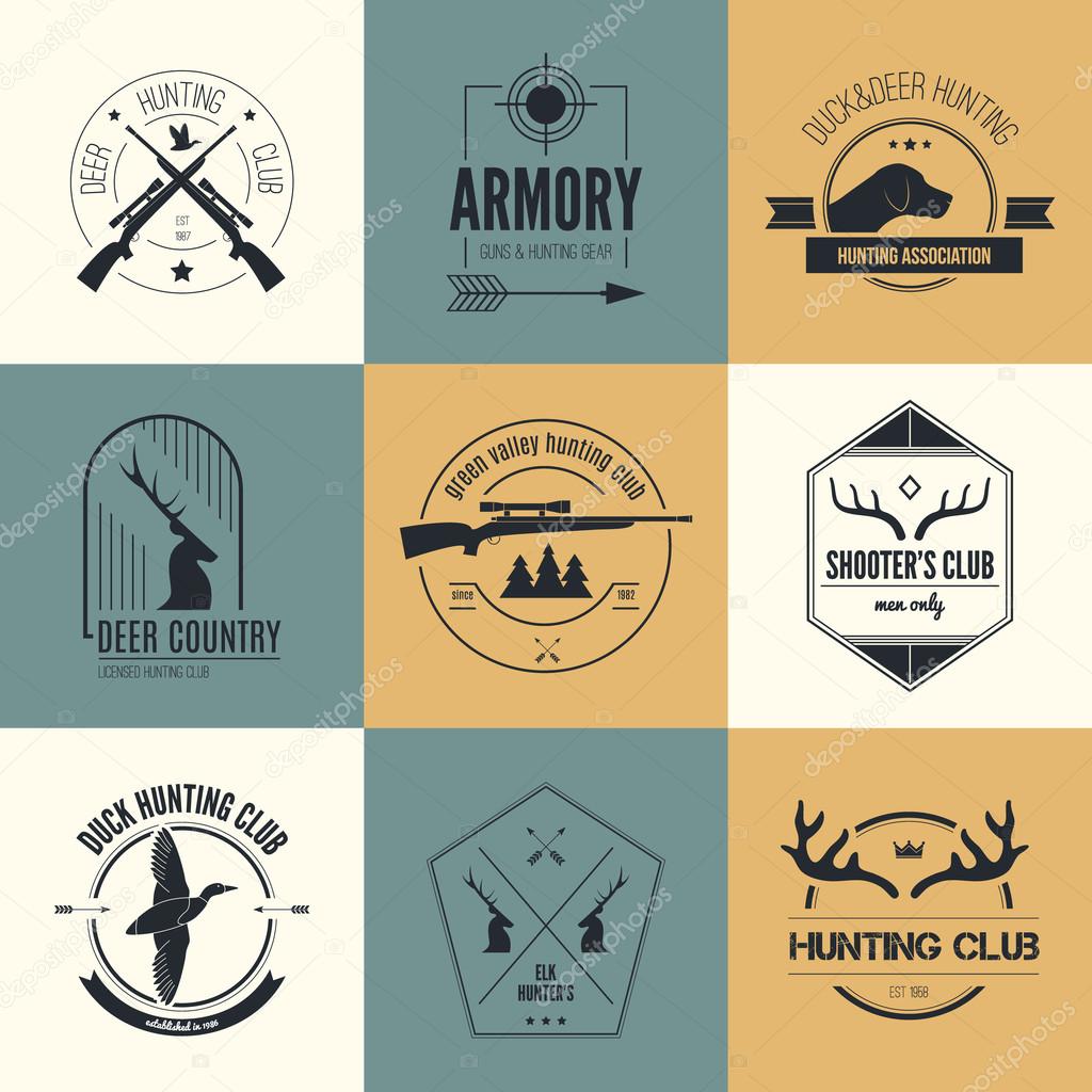 Hunting club label collecton made in vector. Shooting, prey, gun, antler, hunting dog, duck, taret, armore elements and labels design.