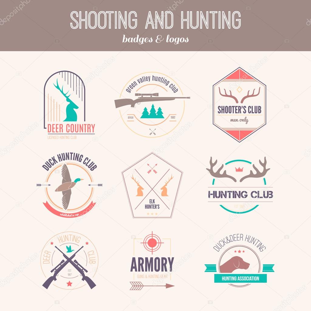 Hunting club label collecton made in vector. Shooting, prey, gun, antler, hunting dog, duck, taret, armore elements and labels design.