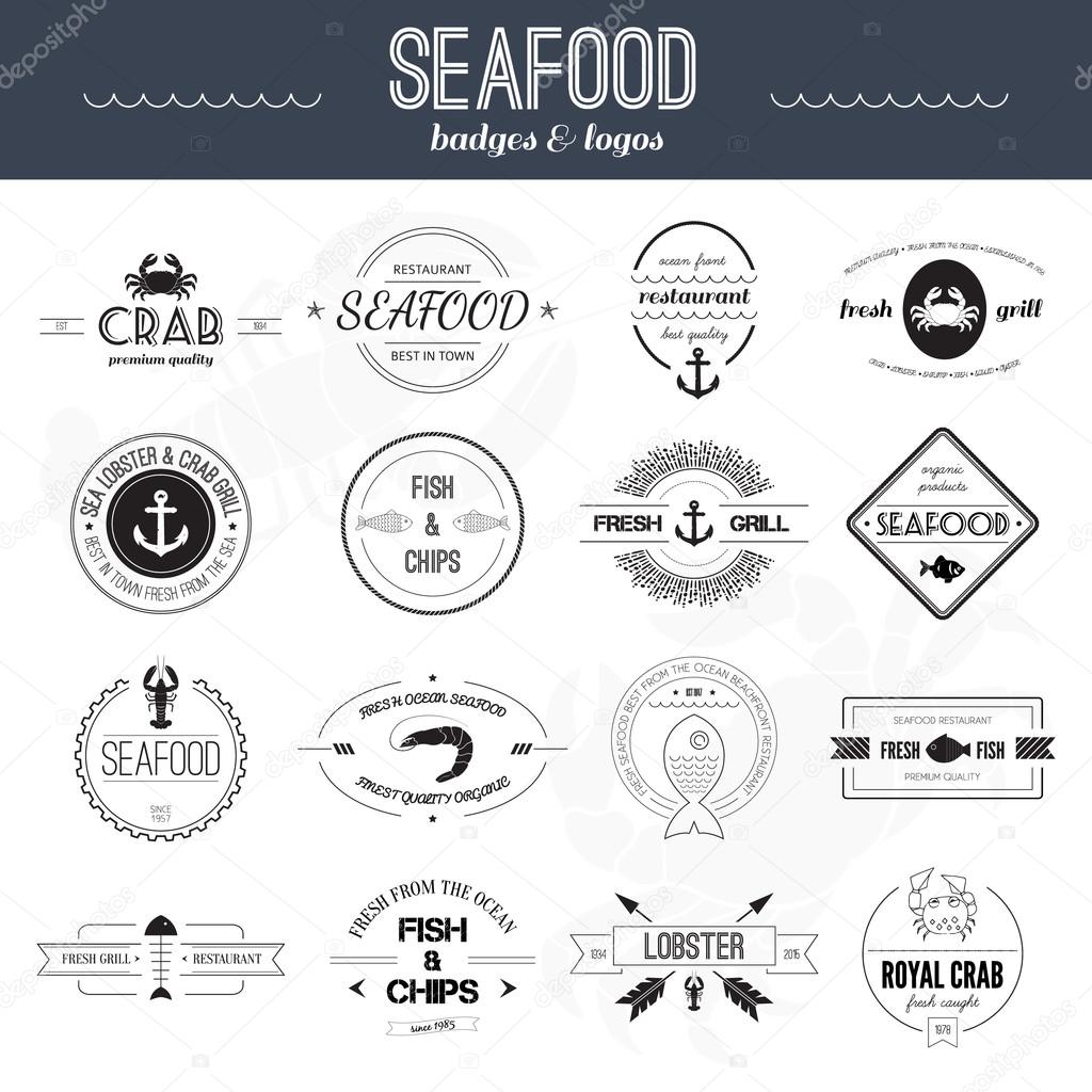 Perfect set of seafood logos. Grill, crab, lobster, restaurant logo collection made in vector. Seafood badges, labels and design elements.