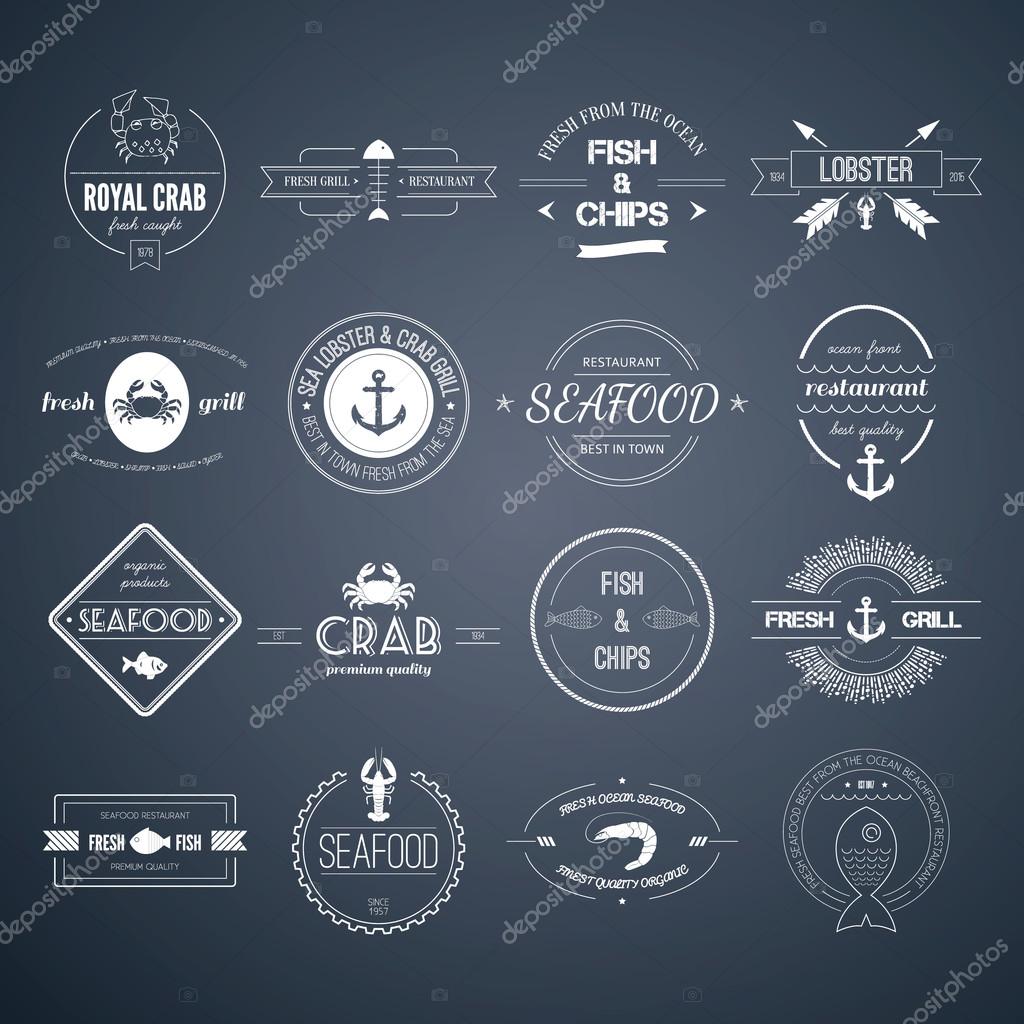 Perfect set of seafood logos. Grill, crab, lobster, restaurant logo collection made in vector. Seafood badges, labels and design elements.