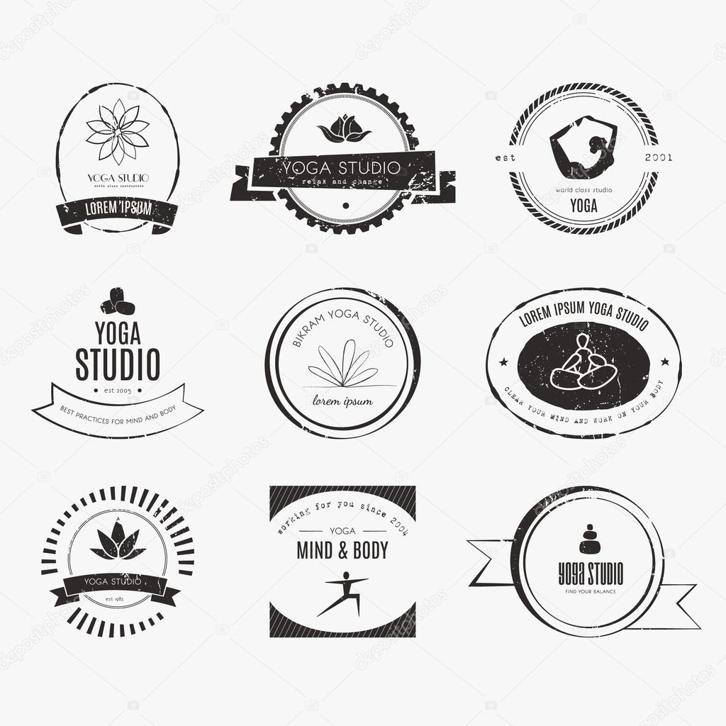 Set of logos for yoga studio or meditation class. Modern fitness badges collection made in vector. Yoga vector logotype template. Healthcare, sport, fitness, spa logo design elements. Anusara, ashtanga, bikram, hatha, hot yoga, vinyasa symbols
