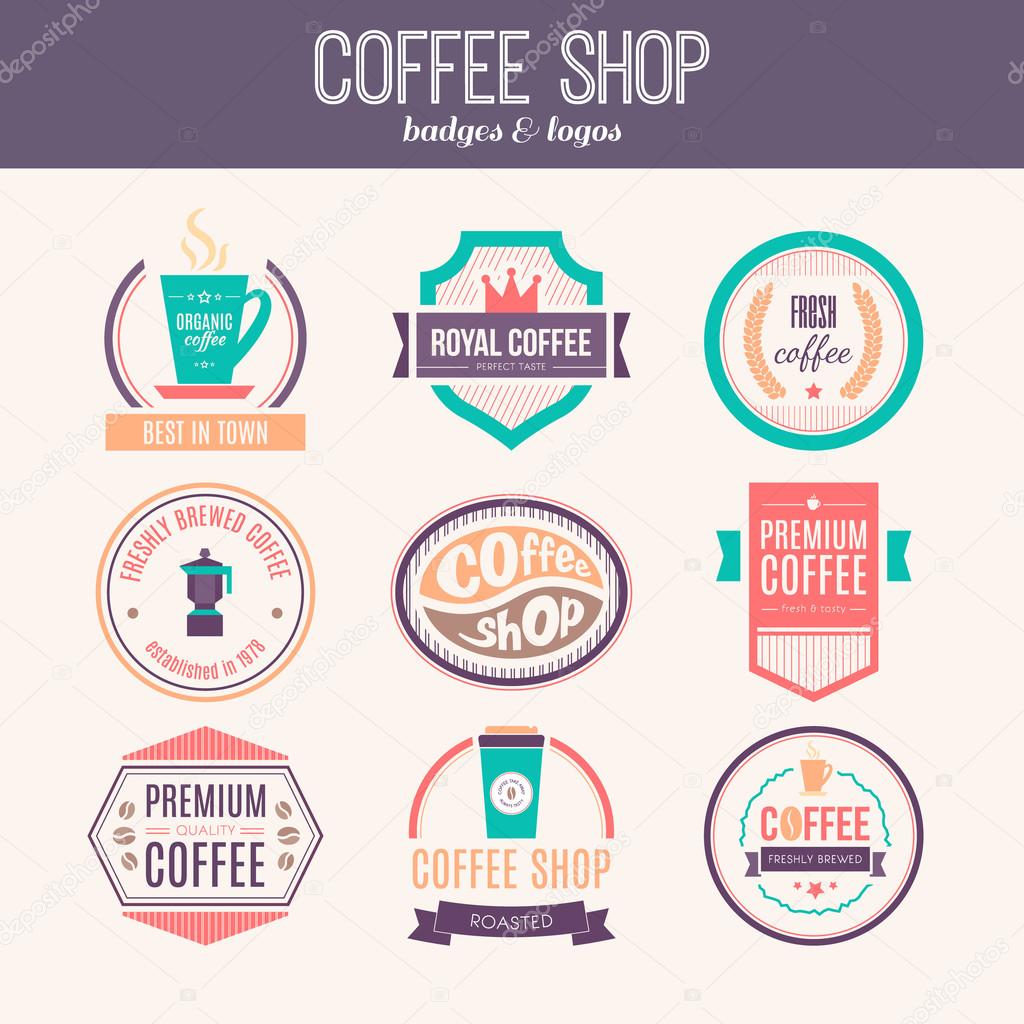 Vector set of coffee shop logos, restaurant or bar logotype design elements with mugs and beans. Ribbons, circle shapes, lables, insignias with coffee related elements. Vintage and retro styled quality badges.
