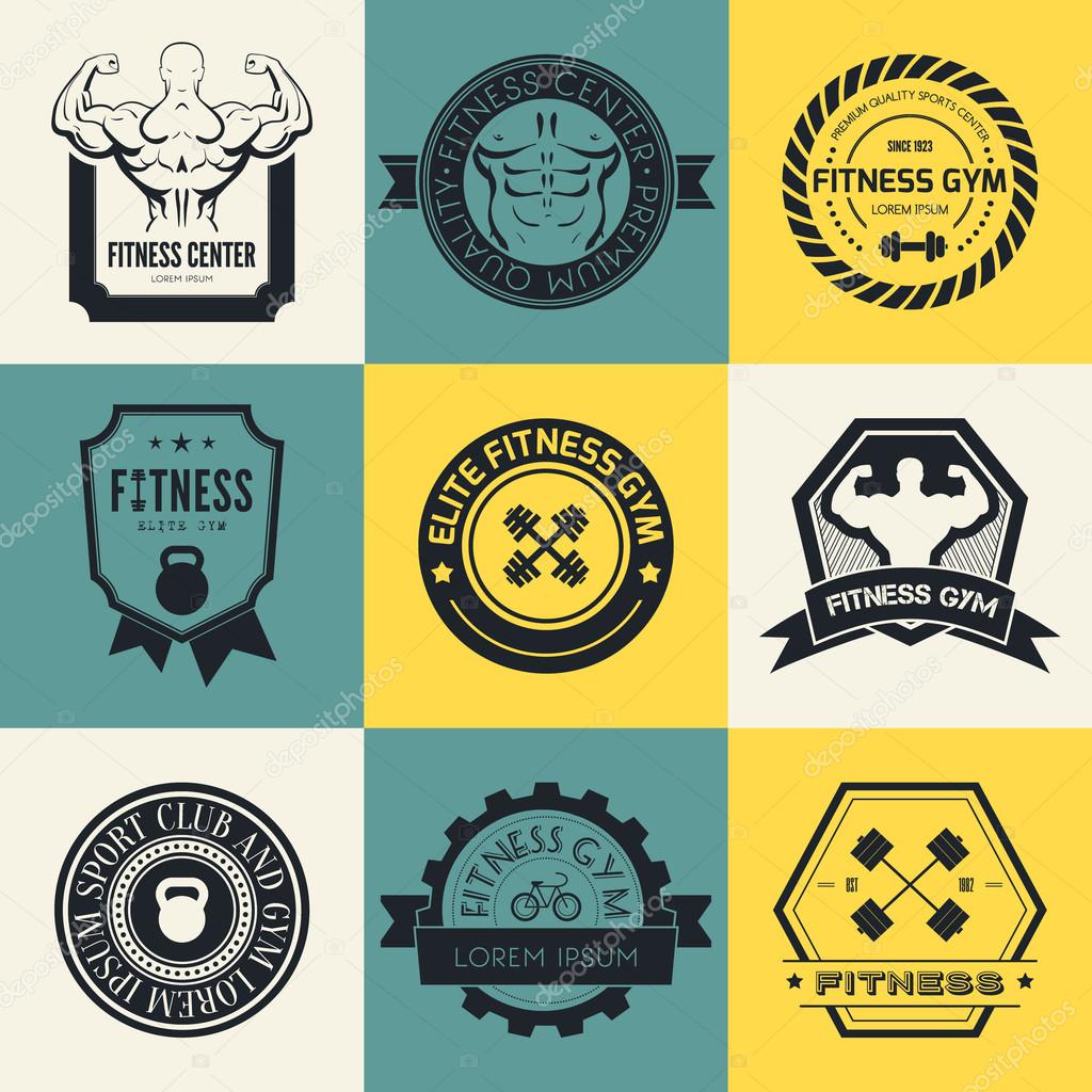 Set of different sports and fitness logo templates. Gym logotypes. Athletic labels and badges made in vector. Bodybuilder, fit man, athlet icon.