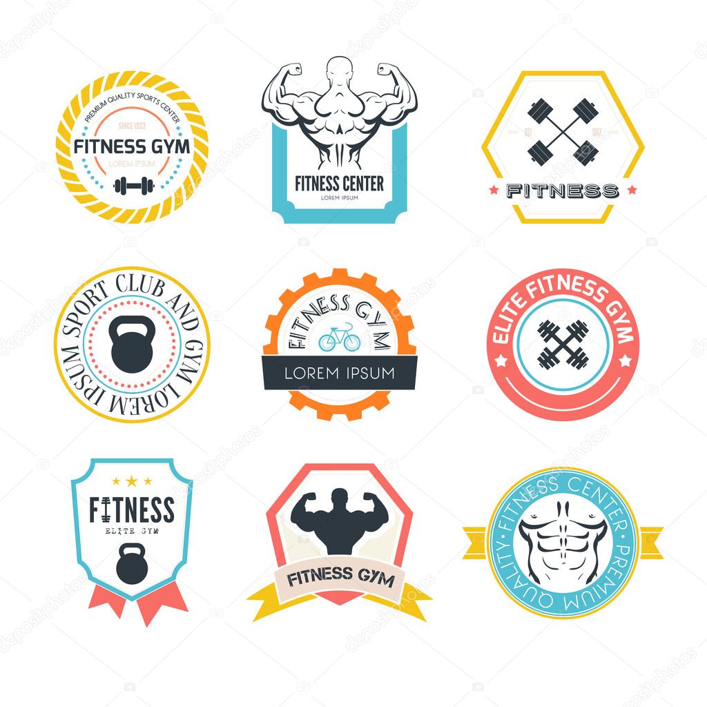 Set of different sports and fitness logo templates. Gym logotypes. Athletic labels and badges made in vector. Bodybuilder, fit man, athlet icon.