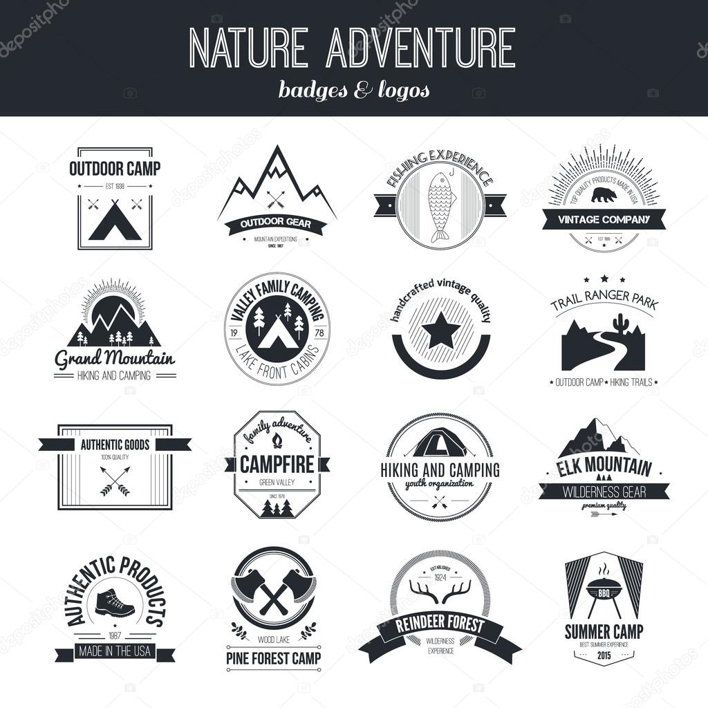 Set of vintage camping and outdoor activity logos. Vector logotypes and badges with forest, trees, mountain, campfire, tent, antlers.