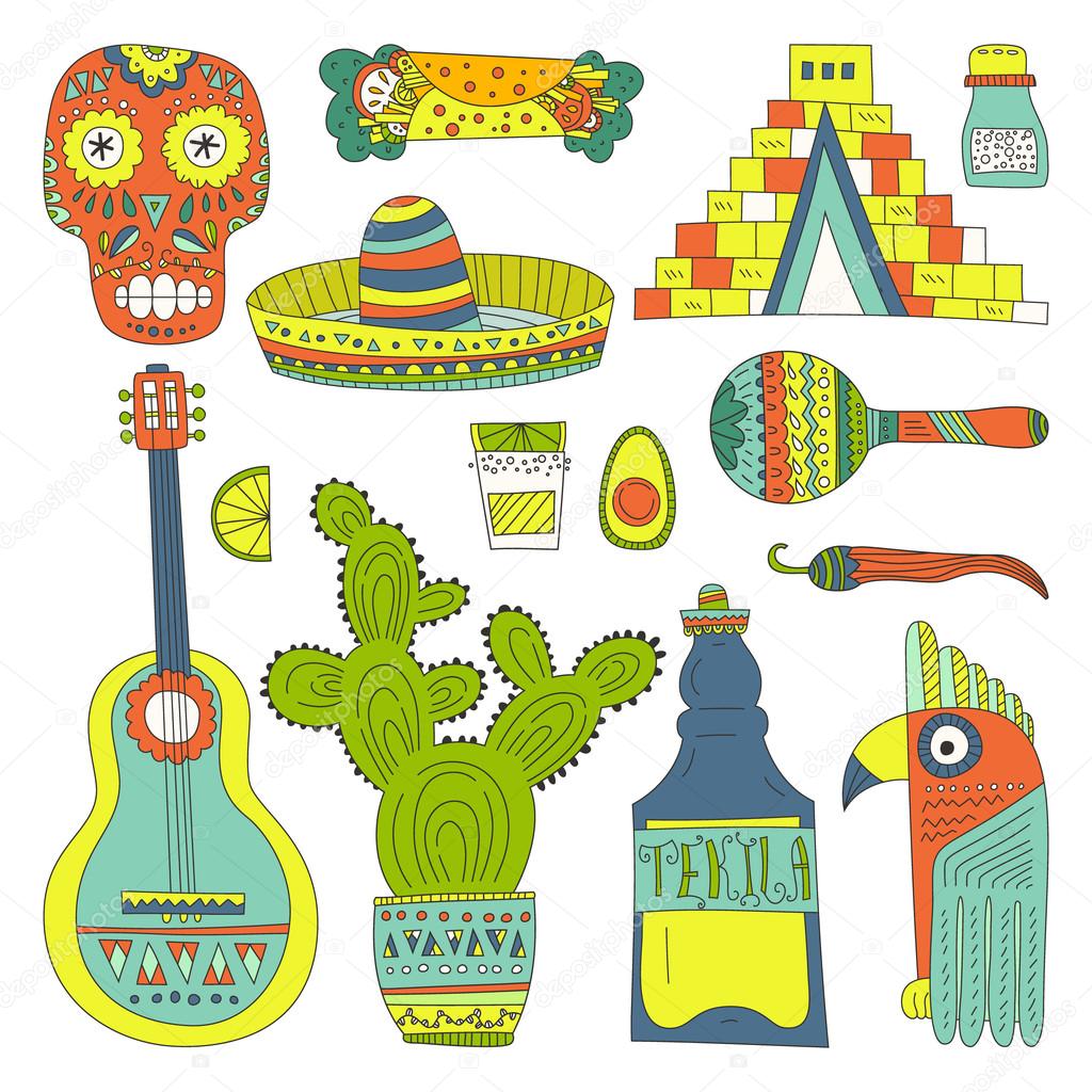 Hand drawn set of mexican symbols