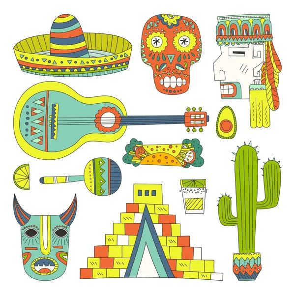 Conjunto dibujado a mano de símbolos mexicanos — Vector de stock