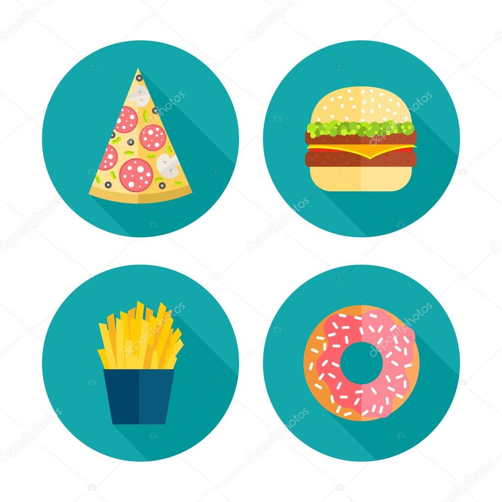 Fastfood vector icon design. Flat illustration of unhealthy food, diet symbol or restaurant menu element. French fries, pizza, hamburgers and donut symbols.
