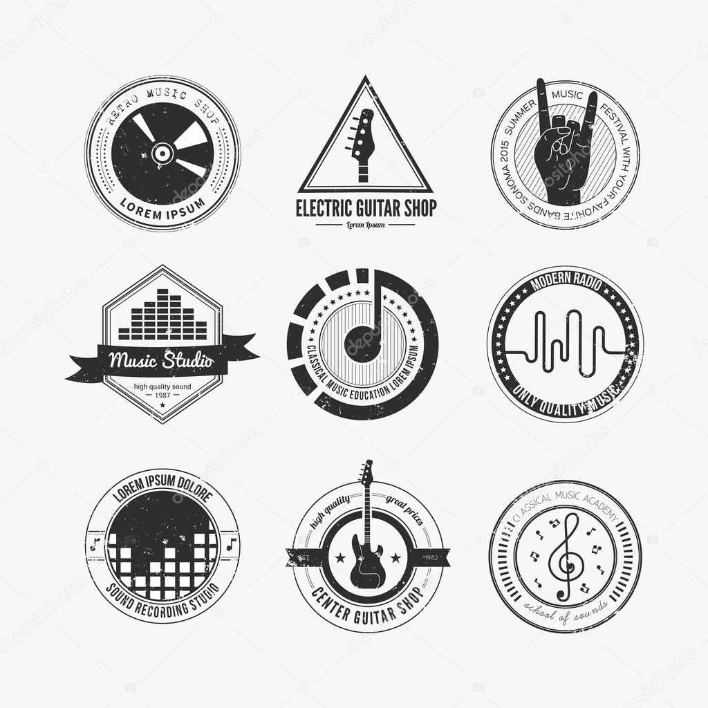 Collection of music logos made in vector. Recording studio labels hipster style. Podcast and radio badges with sample text. Vintage t-shirt design elements with musical elements - guitar, horns. Sound production logotypes.