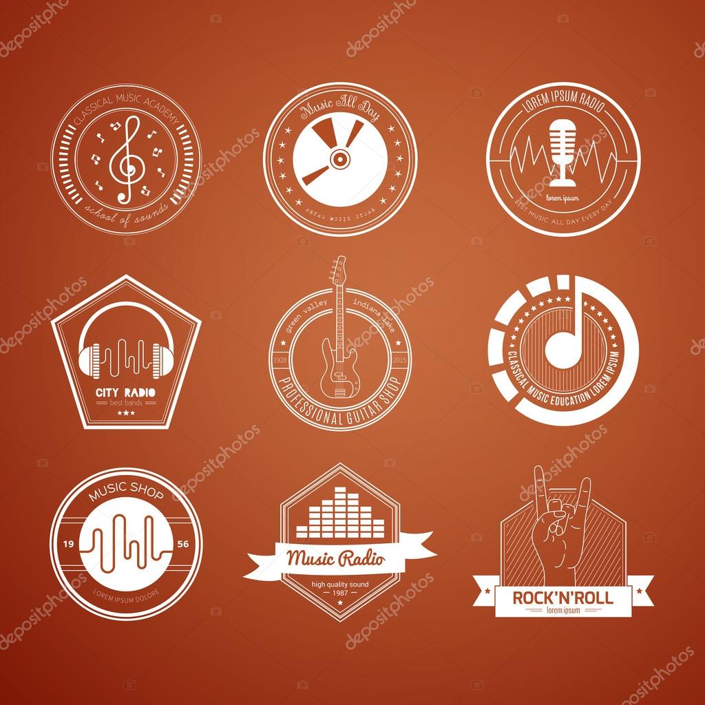 Collection of music logos made in vector. Recording studio labels hipster style. Podcast and radio badges with sample text. Vintage t-shirt design elements with musical elements - guitar, horns. Sound production logotypes.