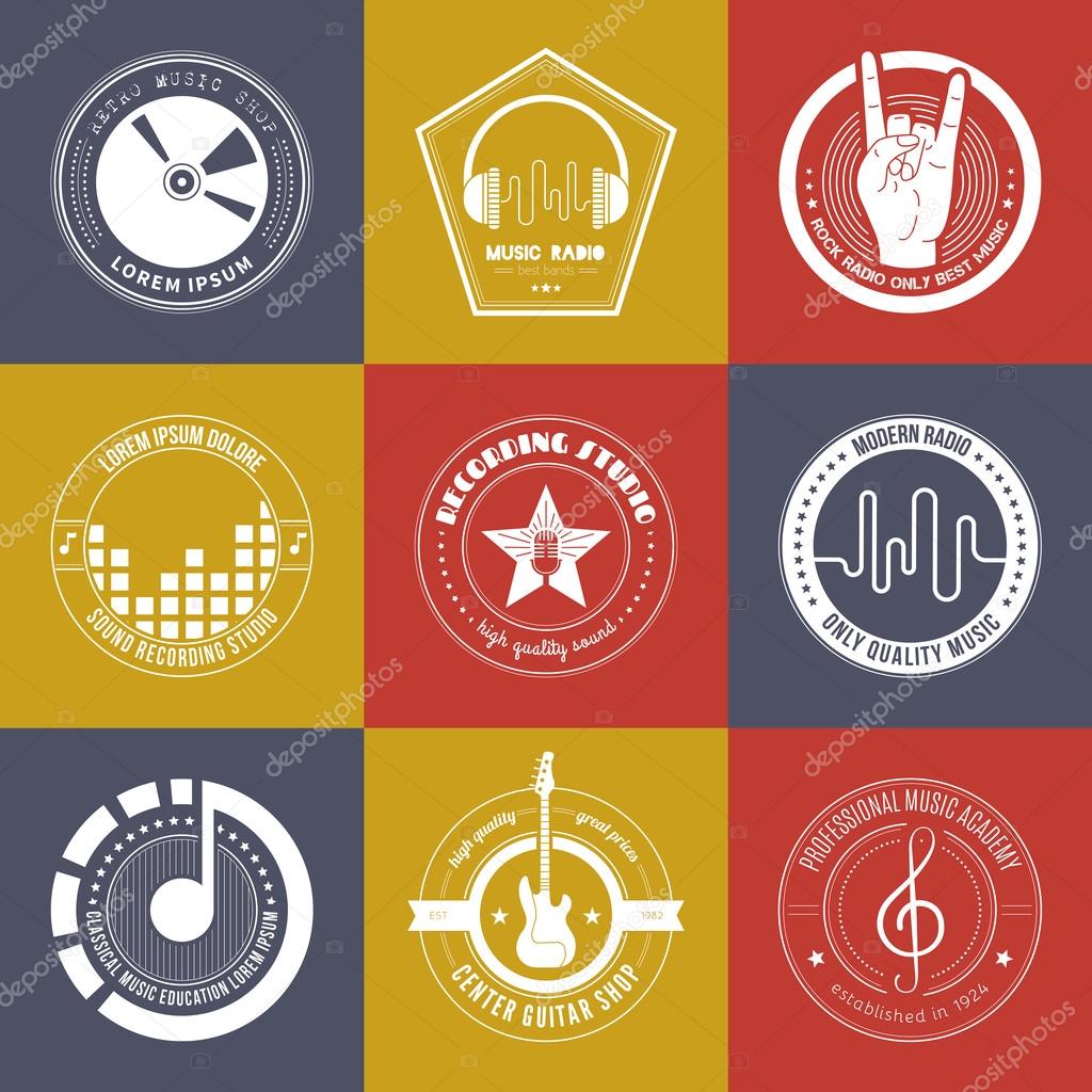 Collection of music logos made in vector. Recording studio labels hipster style. Podcast and radio badges with sample text. Vintage t-shirt design elements with musical elements - guitar, horns. Sound production logotypes.