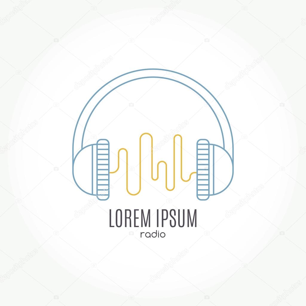 Abstract logo for music band, radio, broadcasting or recording studio. Headphones with wave.