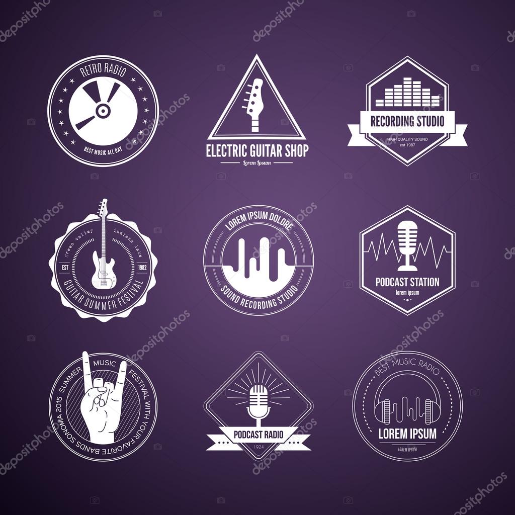 Collection of music logos made in vector. Recording studio labels hipster style. Podcast and radio badges with sample text. Vintage t-shirt design elements with musical elements - guitar, horns. Sound production logotypes.