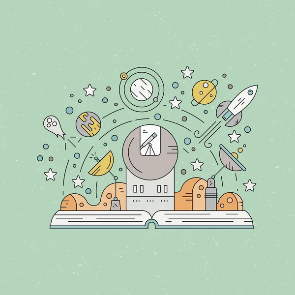 Güneş sistemi elemanları ile açık kitap