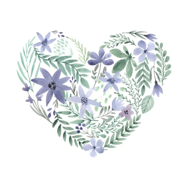 Handdrawn heart  made of watercolor flowers. — Stockvector