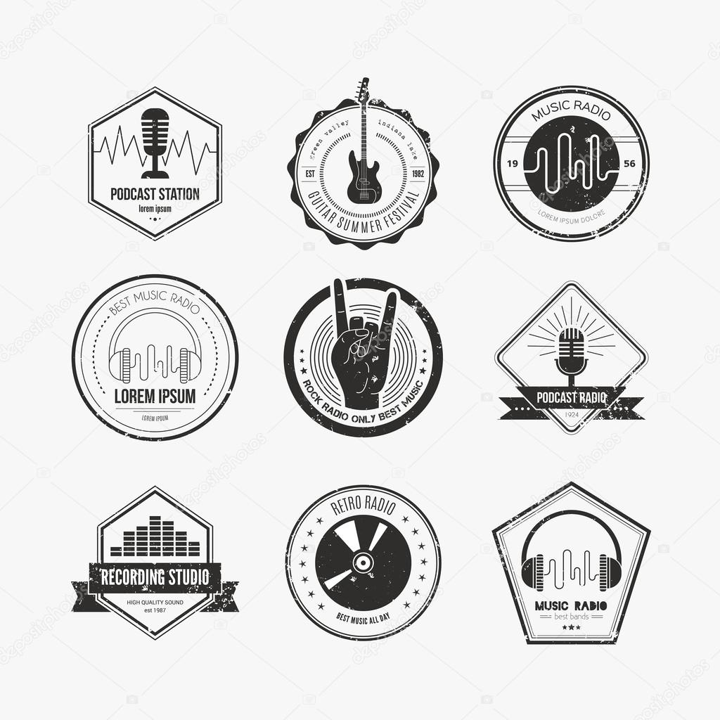 Collection of music logos made in vector. Recording studio labels hipster style. Podcast and radio badges with sample text. Vintage t-shirt design elements with musical elements - guitar, horns. Sound production logotypes.