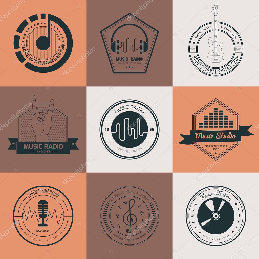Collection of music logos made in vector. Recording studio labels hipster style. Podcast and radio badges with sample text. Vintage t-shirt design elements with musical elements - guitar, horns. Sound production logotypes.
