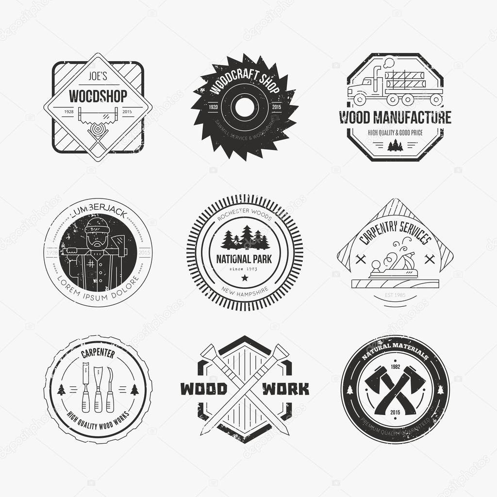 Set of vintage carpentry logotypes made in vector. Wood work and manufacture label templates. Detailed emblems with timber industry elements and carpentry tools. Woodworking badges with sample text for your business.