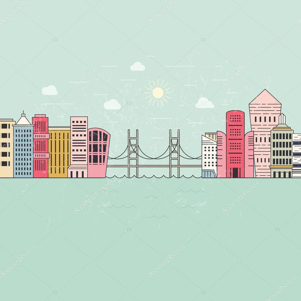 Vector illustration of a city with office buildings, bridge and river. Architectural vector background. City environment or green living concept.