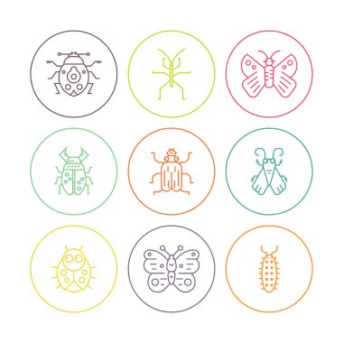 Collection of bug line vector icons in circles